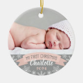 初めてのクリスマス赤面ピンクベビーガール写真 セラミックオーナメント (正面)