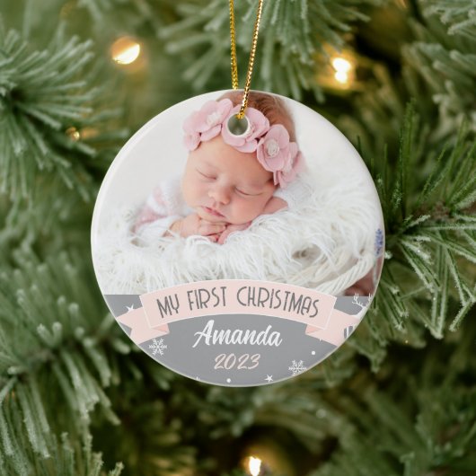 初めてのクリスマス赤面ピンクベビーガール写真 セラミックオーナメント (ツリー)