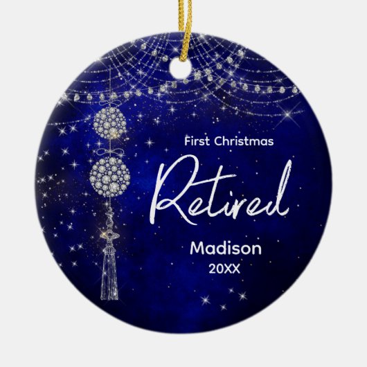初めてのクリスマス退職した王室の青リンフェイクストン セラミックオーナメント (正面)
