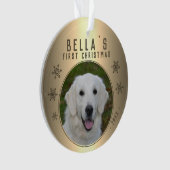 初めてのクリスマス金ゴールドの雪片の子犬写真 オーナメント (正面)