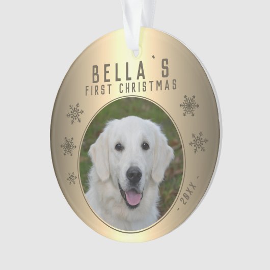 初めてのクリスマス金ゴールドの雪片の子犬写真 オーナメント (正面)