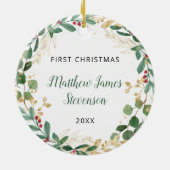 初めてのクリスマス金ゴールドレッドエレガントベビー セラミックオーナメント (裏面)