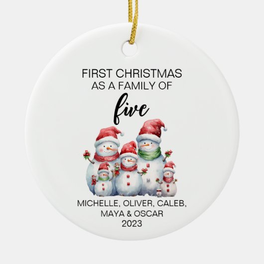 初めてのクリスマス雪だるまファミリー・オブ・ファイブ セラミックオーナメント (正面)