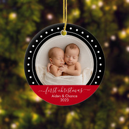 初めてのクリスマス黒と赤のドット セラミックオーナメント