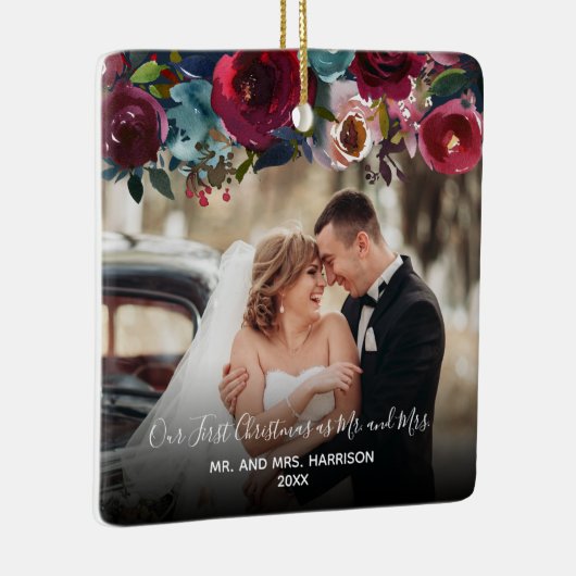 初めてのクリスマス2の写真のバーガンディの私達の花柄 セラミックオーナメント (右)