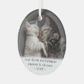 初めてのクリスマス2匹の猫やペットの写真を撮シンプルる ガラスオーナメント (正面左)