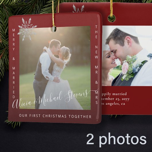初めてのクリスマス2枚の写真ミセス・カップル・レッド セラミックオーナメント