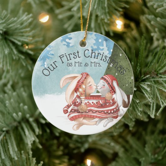 初めてのクリスマス2羽のかわいいバニーうさぎが雪の中 セラミックオーナメント (ツリー)