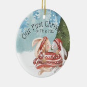 初めてのクリスマス2羽のかわいいバニーうさぎが雪の中 セラミックオーナメント (右)