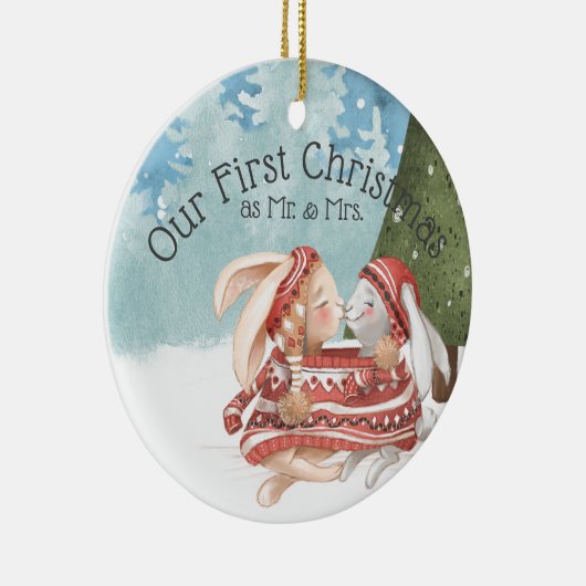 初めてのクリスマス2羽のかわいいバニーうさぎが雪の中 セラミックオーナメント (右)