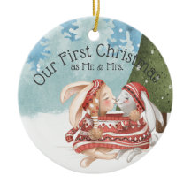 初めてのクリスマス2羽のかわいいバニーうさぎが雪の中