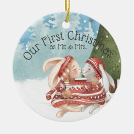 初めてのクリスマス2羽のかわいいバニーうさぎが雪の中 セラミックオーナメント