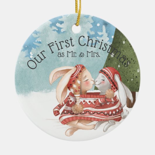 初めてのクリスマス2羽のかわいいバニーうさぎが雪の中 セラミックオーナメント (正面)