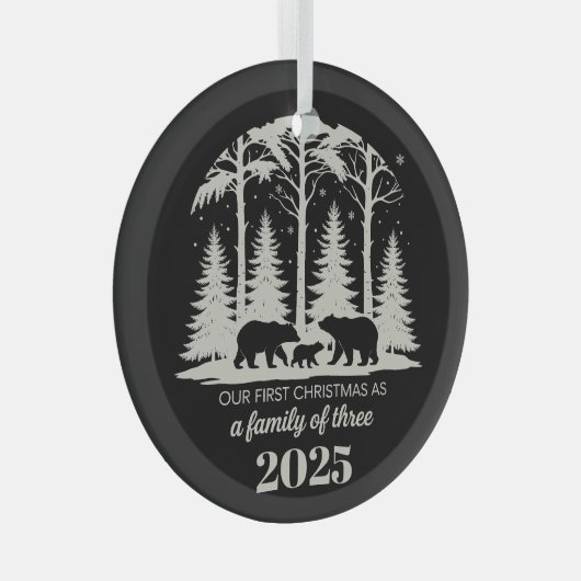初めてのクリスマス2025カスタム年3人の家族 ガラスオーナメント (正面右)