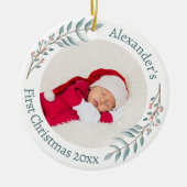 初めてのクリスマス2 Photosグリーンリー&ベリーリース セラミックオーナメント (正面)