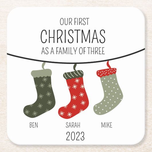 初めてのクリスマス3人の家族 スクエアペーパーコースター (正面)