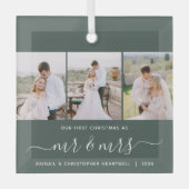 初めてのクリスマス3人フォトスクリプトグリーン ガラスオーナメント (正面)