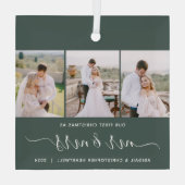 初めてのクリスマス3人フォトスクリプトグリーン ガラスオーナメント (裏面)