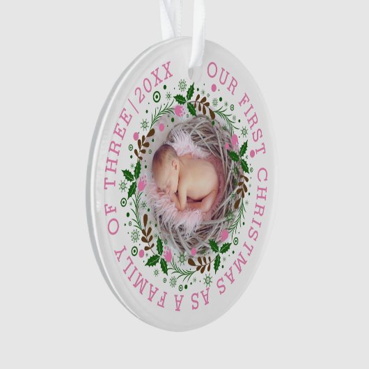 初めてのクリスマス3枚のリースピンクの写真 オーナメント (正面)
