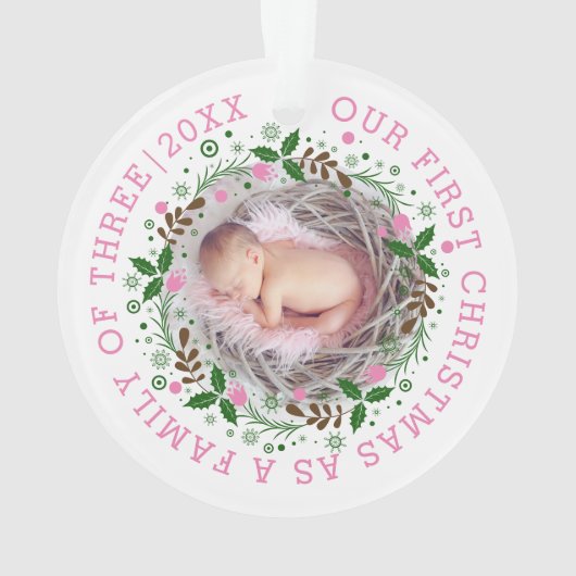 初めてのクリスマス3枚のリースピンクの写真 オーナメント (裏面)