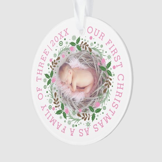 初めてのクリスマス3枚のリースピンクの写真 オーナメント (正面)