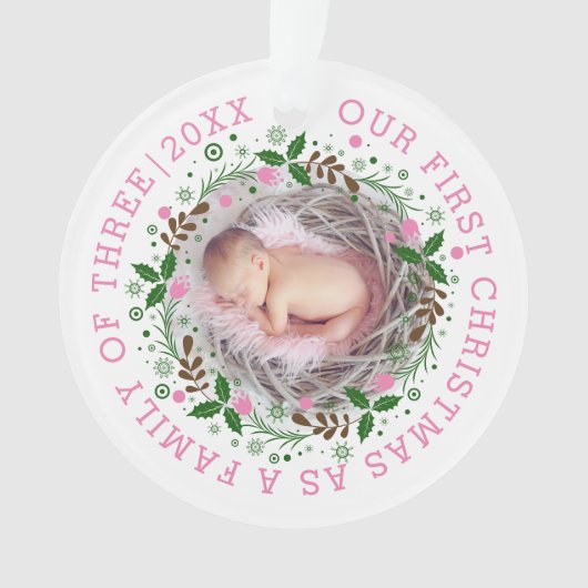 初めてのクリスマス3枚のリースピンクの写真 オーナメント (正面)