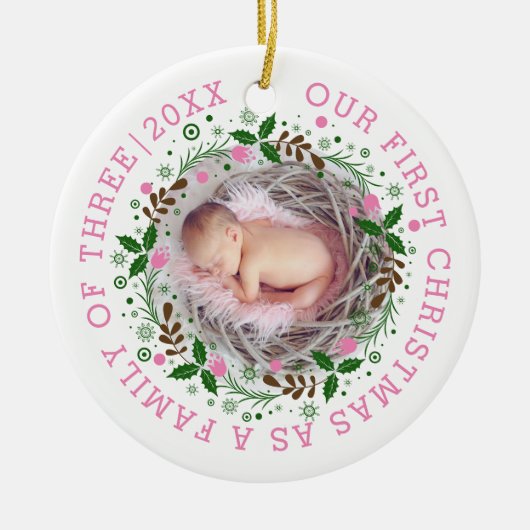 初めてのクリスマス3枚のリースピンクの写真 セラミックオーナメント (正面)