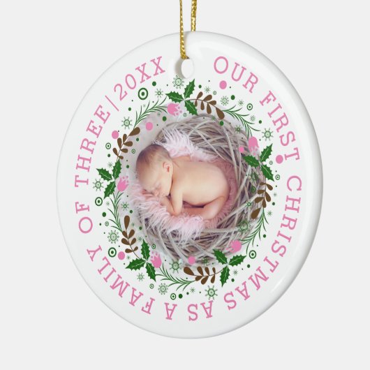 初めてのクリスマス3枚のリースピンクの写真 セラミックオーナメント (左)