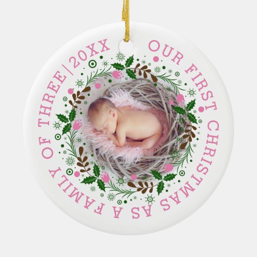 初めてのクリスマス3枚のリースピンクの写真 セラミックオーナメント (裏面)