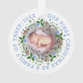 初めてのクリスマス3枚のリース青い写真 オーナメント (裏面)