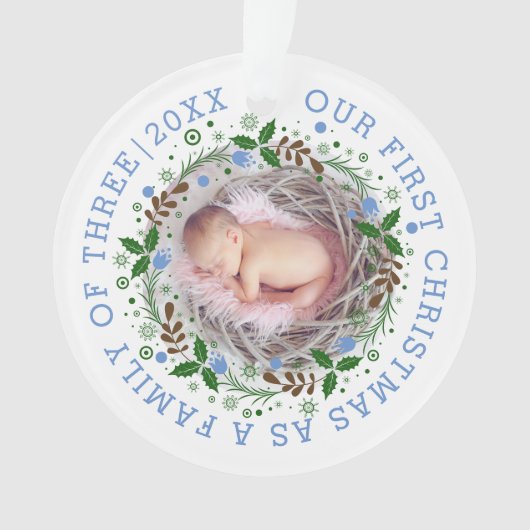 初めてのクリスマス3枚のリース青い写真 オーナメント (正面)