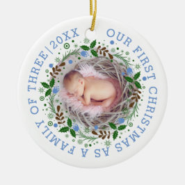 初めてのクリスマス3枚のリース青い写真 セラミックオーナメント
