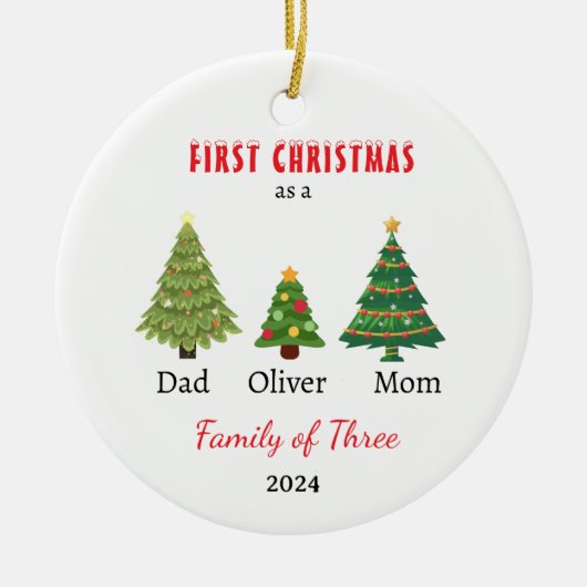 初めてのクリスマス3枚撮影記念の家族 セラミックオーナメント (正面)