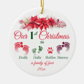 初めてのクリスマス4ポインセチアの家族 セラミックオーナメント (正面)