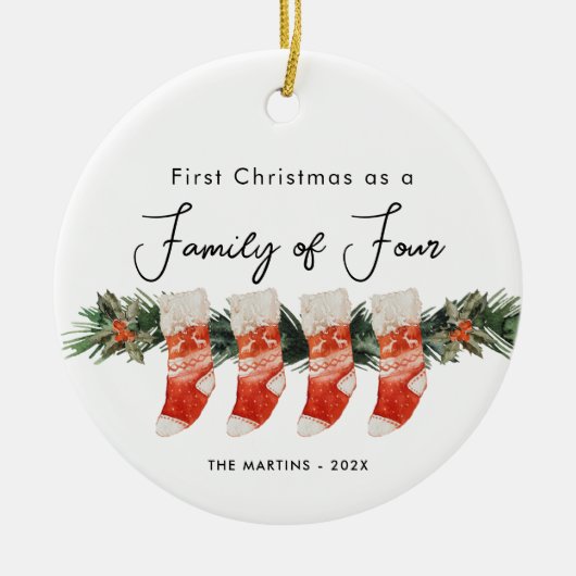 初めてのクリスマス4人のストッキング セラミックオーナメント (正面)