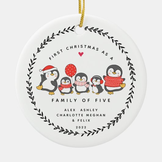 初めてのクリスマス5羽のペンギンの家族 セラミックオーナメント (正面)