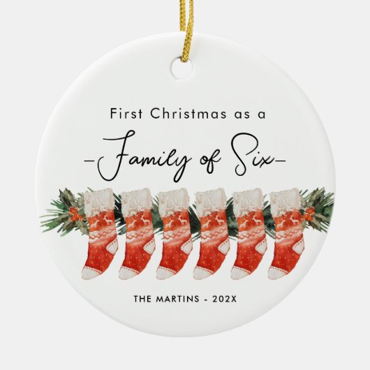 初めてのクリスマス6人のストッキング セラミックオーナメント (正面)