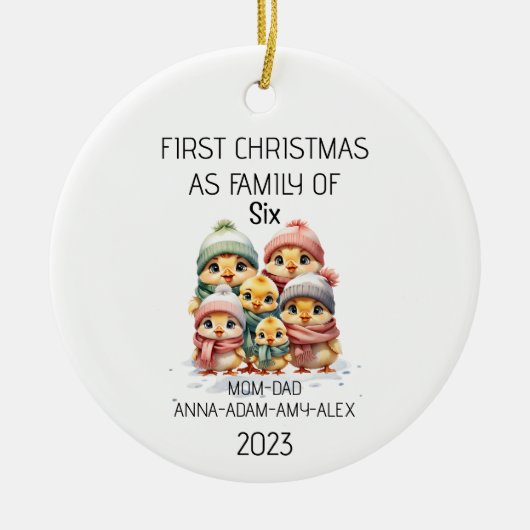初めてのクリスマス6匹のかわいい雛の家族 セラミックオーナメント (正面)