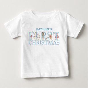 初めてのクリスマス かわいい動物と文字の男の子用ネーム入り ベビーTシャツ