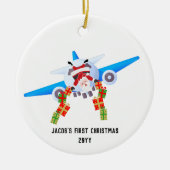 初めてのクリスマス、カスタム写真、サンおもしろいタ飛行機 セラミックオーナメント (正面)