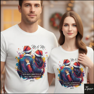 初めてのクリスマス カップル サンタ ペイントスプラッター Tシャツ