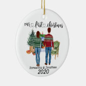 初めてのクリスマス カップル 茶色の髪 新婚夫婦 セラミックオーナメント (右)