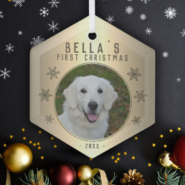 初めてのクリスマス ゴールドの雪の結晶の犬の写真 ガラスオーナメント