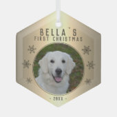 初めてのクリスマス ゴールドの雪の結晶の犬の写真 ガラスオーナメント (正面)