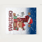 初めてのクリスマス サンタ帽 白い雪の赤ちゃんトナカイ タペストリー (正面(横))