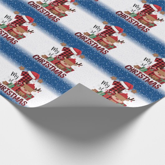 初めてのクリスマス サンタ帽 白い雪の赤ちゃんトナカイ ラッピングペーパー (角)