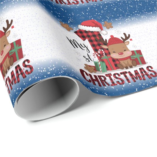 初めてのクリスマス サンタ帽 白い雪の赤ちゃんトナカイ ラッピングペーパー (ロールコーナー)
