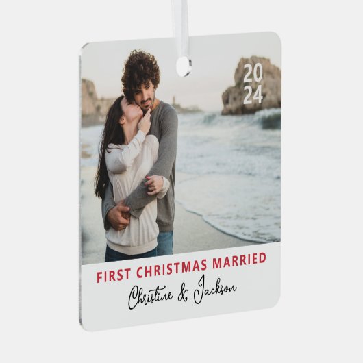 初めてのクリスマス | トレンディーモダンカップルのフォトメット メタルオーナメント (正面右)