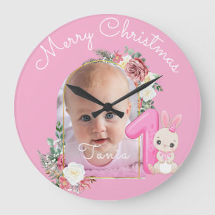 初めてのクリスマス ピンクの赤ちゃん女の子の写真 フローラル ラージ壁時計