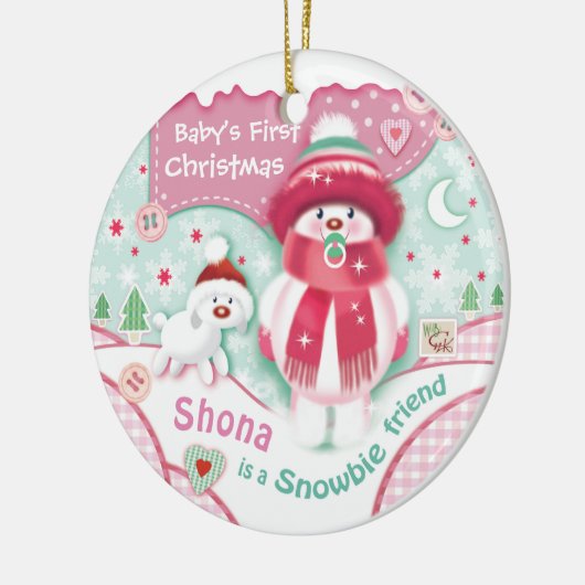 初めてのクリスマス、ベビーガール、かわいいスノービー セラミックオーナメント (左)